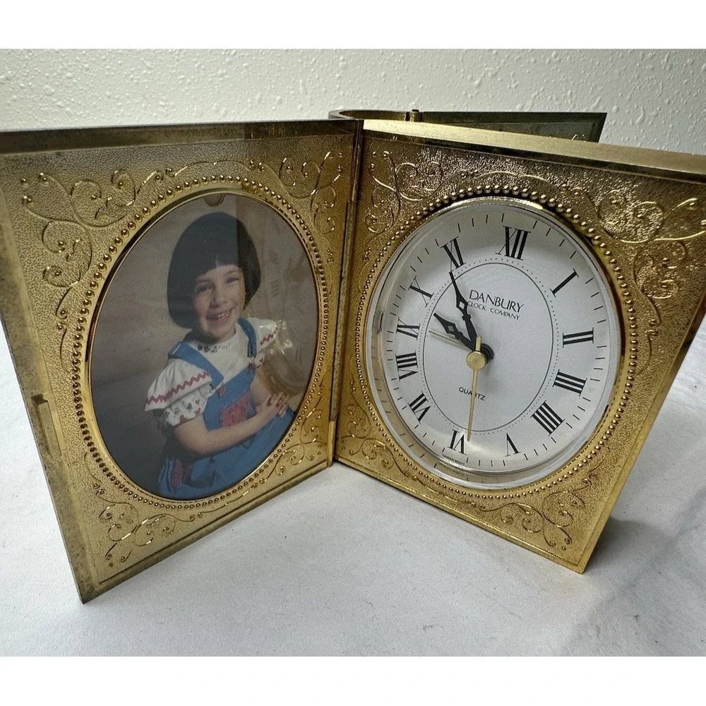 Vtg Danbury Clock Double Frame Gold Ornate Folds Up Alarm Hard to find